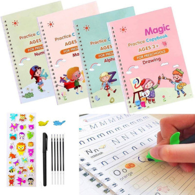 Sank Magic Practice Copybook | Reusable Book | Writing Book | Kids Book | Best Gift for Kids (4 Book + 1 Pen + 10 Refill + 1 Grip)(book, sank magic book)