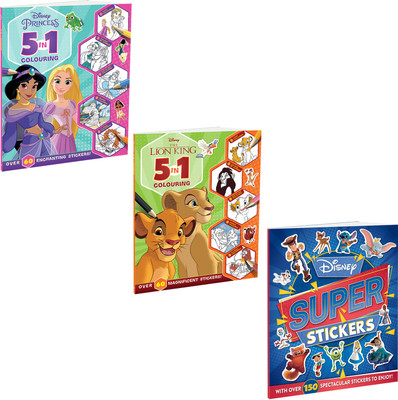 Disney The Lion King and Princess 5-in-1 Pack of 3 Sticker and Colouring Books | Stickers, Colouring and Activities for 5 to 8 Year Old Kids  - Bundle(Paperback, Disney)