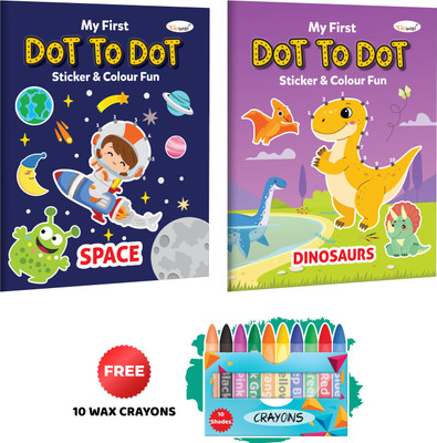 My first Dot to Dot Sticker & Colour Fun - Space and Dinosaurs with 10 Wax Crayons : Sticker and Coloring Fun, Educational Fun Coloring Book, Kids Art Book | Pack of 2 Colouring Books(Paperback, GO WOO)