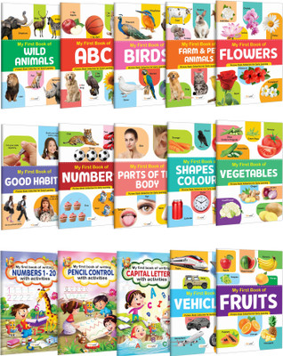 My First Book of ABC, Numbers, Fruits and more, My First Book of Writing activities books : Early education books, Fun colouring book, Kids copy and colour activity book | Pack of 15 Books(Paperback, GOWOO)