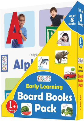 Early learning is necessary for kids. It is ideal to introduce these books at an early age. This is a set of 8 books. These books introduce early learning topics to toddlers. The concepts introduced in this pack are alphabets, animals, colours, first words, human body, vehicles, fruits and vegetable Early learning is necessary for kids. It is ideal to introduce these books at an early age. This is a set of 8 books. These books introduce early learning topics to toddlers. The concepts introduced in this pack are alphabets, animals, colours, first words, human body, vehicles, fruits and vegetable
