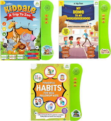 Kiddale Pack of 3 Musical Interactive Sound Books:Trip to Zoo,Home & Neighbourhood,Powerful Habits|Ideal Gift for Toddler|E Learning Book|Smart Intelligent Activity Books|Nursery Rhymes|Talking Book(Hardcover, Anshita Agrawal)