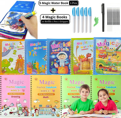 Water Magic Book with Sank Magic Book, Quick Dry Painting, Learn Write Cursive Writing Extreme Fun and Enjoy with Drawing for Kid's (5 Water Magic Book + 5 Pen With 4 Book + 10 Refill + 1 Pen + 1 Grip)(Paperback, water magic book, sank magic book)
