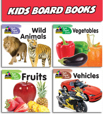 Pinwheel Books Kids Board Books Wild Animals, Vegetables, Fruits, Vehicles Set of 4- English(Paperback, Meenu Gupta)