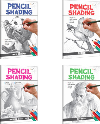 Pencil Shading - Birds, Wild Animals, Nature & Still Life and Portraits : Children's art book, Pencil Shading book for Children, Educational book for kids | Pack of 4 Pencil Shading Activity books(Paperback, GOWOO)