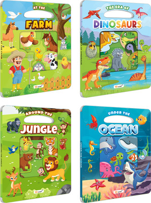 At the Farm, The Era of Dinosaur, Around the Jungle and Under the Ocean Window Cut Board Book : Picture Book for Children, Early Learning Die cut shape Book, Board Book for Young Learners | Combo of 4 Die Cut Shape Board Books(Board Book, GO WOO)