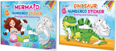 Mermaid and Dinosaur Numbered Sticker, Pack of 2 activity and colouring books with over 150+ stickers(Paperback, GO WOO)