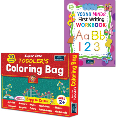 Super Cute Toddlers Coloring Bag + Young Minds First Writing Workbook – Set of 2 Fun and Educational Activity Books for Toddlers(Paperback, BOOKFORD)