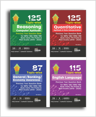 Combo (set of 4 Books) 125 Topic-wise Reasoning/ Quantitative Aptitude/ English/ General Awareness Solved Papers for IBPS/ SBI/ RRB/ RBI Bank Clerk/ PO Prelim & Main Exams (2010 - 25) 9th Edition(Paperback, Disha Experts)