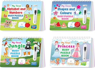 My First Alphabet and Numbers, Shapes and Colours, Jungle and My First Princess Busy Puzzle Book : Early Learning Activity Book, Montessori book with Hook and Loop, Spiral Binding, Learning book for Toddlers and Preschoolers | Pack of 4 Busy Puzzle Book(Spiral-bound, GO WOO)