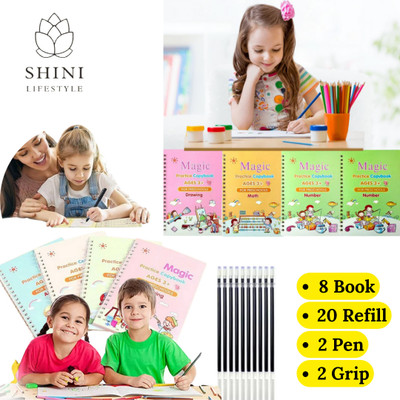Sank Magic Practice Copybook for Kids Handwriting English Reusable Magical Practice Copybook Kids Tracing Book for Magic Letter Writing Book Set (8 Book + 20 Refile + 2 Pen + 2 Grip) with 8 Disc(book, sank magic book)