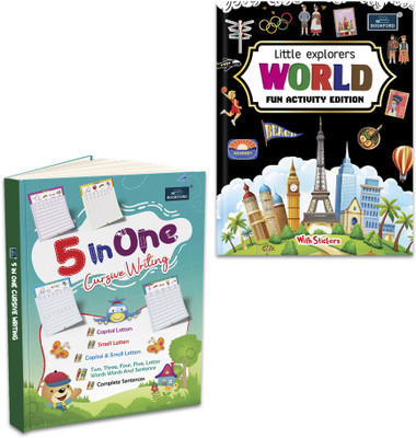 WORLD Activity & Sticker Book + 5-in-1 Cursive Writing Workbook (Set of 2)(Paperback, BOOKFORD PUBLICATIONS PVT. LTD.)