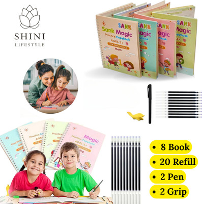 Kid's Sank Magic Reusable Tracing Magic Copybook Set Practical Reusable Writing Tool, Magic Calligraphy Copybook Set (8 BOOK + 20 REFILL+ 2 pen +2 grip) with 8 Disc(book, sank magic book)