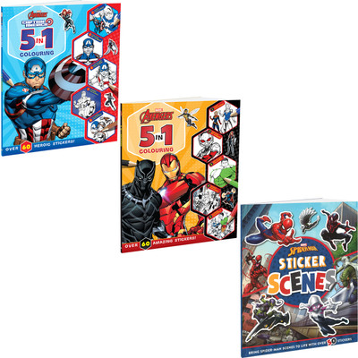 Marvel Spider-Man, Avengers and Captain America Sticker and 5-in-1 Colouring Pack of 3 Books | Stickers, Colouring and Activities for 5 to 8 Year Old Kids  - Bundle(Paperback, Parragon)