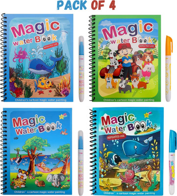 Magic Water Book Reusable Drawing Book (Set of 4 Book + 4 Pen) Magic Doodle Pen(Paperback, water magic book) Magic Water Book Reusable Drawing Book (Set of 4 Book + 4 Pen) Magic Doodle Pen(Paperback, water magic book)