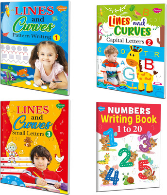 Numbers Writing Book (1 to 20), Lines and Curves–1 Pattern Writing, Lines and Curves–2 Capital Letters and Lines and Curves–3 Small Letters : Kids Learning Books, Writing Book, Capital and Small Letters Book, Read and Learn Book | Combo of 4 Books.(Paperback, SAWAN)