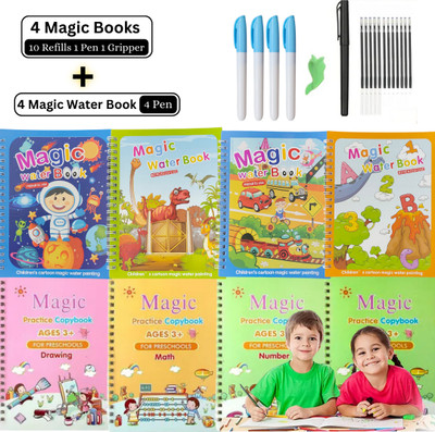 Sank Magic Book with Magic Water Book, [ 4 Book + 10 Refill + 1 Pen + 1 Grip With 4 Water Magic Book + 4 Pen ], Reusable Book, Quick Dry Painting, Unlimited Learn & Fun(Paperback, water magic book, sank magic book)
