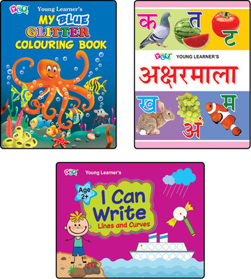 Set of 3 Books (My Blue Glitter Colouring Book+Aksharmala+I Can Write Lines & Curves) Paperback – Coloring Book, 13 April 2024(Paperback, Young Learner Publications Editorial Team)