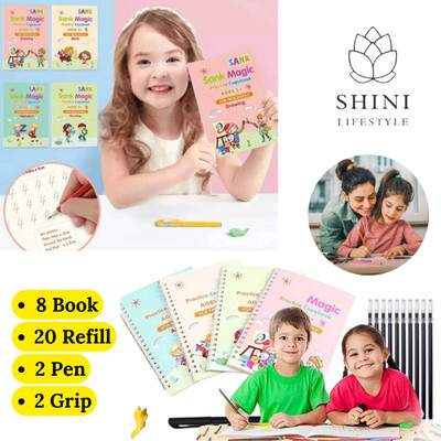 Sank Magic Book, (8 BOOK + 20 REFILL+ 2 pen +2 grip) Kids Sank Magic Reusable Tracing Magic Copybook Set Practical Reusable Writing Tool, Magic Calligraphy Copybook Set with 8 Disc(book, sank magic book)