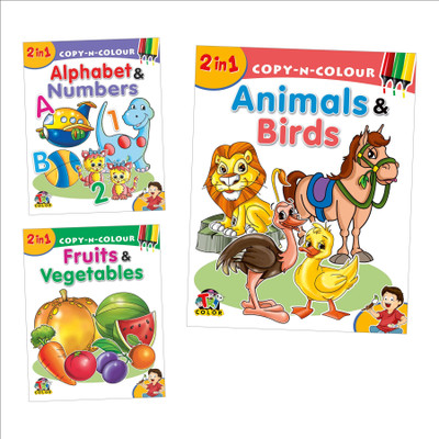 2 in 1 Copy N Colour | Alphabet & Numbers, Animals & Birds, Fruits & Vegetables | Set of 3 Books(Paperback, Pinwheel Books)