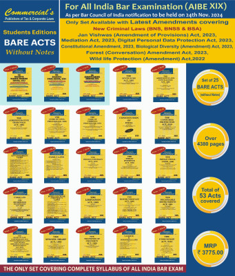 Commercial's Aibe Exam Combo of 25 Bare Acts without Notes, as Per Bar Council of India, New Syllabus for Aibe Xix Exam Covering New Criminal Laws(English, Paperback, unknown)
