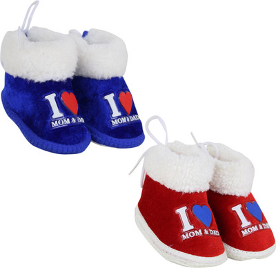 Neska Moda 6 To 12 Months Set Of 2 Velvet I Love Mom and Dad Print Lace Baby Booties(Toe to Heel Length - 12 cm, Blue, Red)