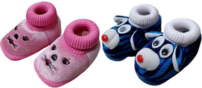 Trecify 0 To 12 Months Baby Boys & Baby Girls Soft Velvet Cute Booties(Toe to Heel Length - 12 cm, Blue, Pink)
