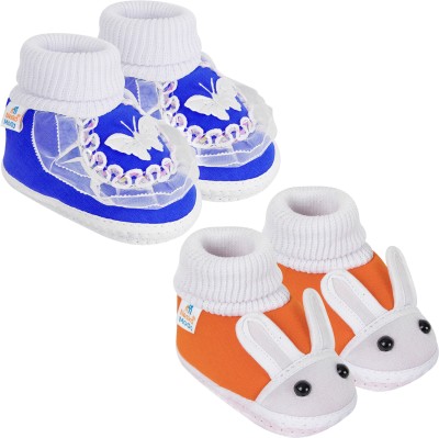 Neska Moda 0 To 6 Months Set of 2 Pair Newborn Baby Unisex Soft Skin-Friendly Cotton Rabbit Booties(Toe to Heel Length - 10 cm, Orange, Blue)