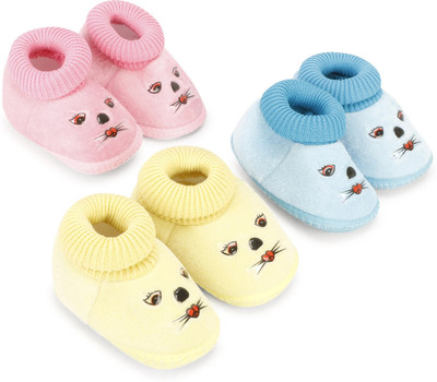 Dhairya Collection Latest design booties for baby boy and baby girl From 0-9 Months Baby Pack of 3 Booties(Toe to Heel Length - 12 cm, Pink, Yellow, Blue)
