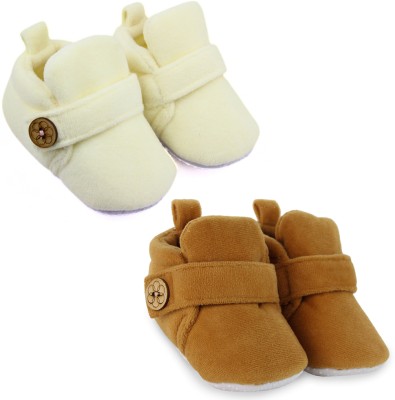 Neska Moda Set Of 2 Pair Baby Boys & Baby Girls 6 To 12 Months Velvet Velcro Booties(Toe to Heel Length - 12 cm, Brown, Off-White)