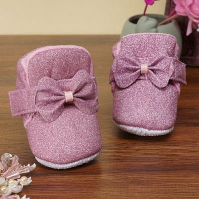 Neska Moda 6 To 12 Months Baby Girls Cotton Solid Bow Shoes/ Booties(Toe to Heel Length - 12 cm, Pink)