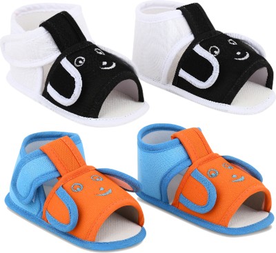 ONFEET Pack of 2 Sandal Booties for 0-9 Months Newborn Baby , Soft Skin-Friendly Baby Booties(Toe to Heel Length - 11 cm, Black & Orange)