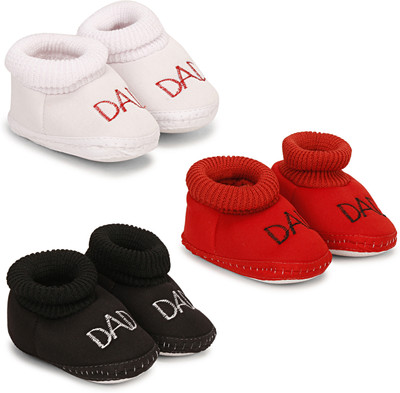Dhairya Collection Infant booties/Baby Booties/Booties/booties for baby boy and baby girl Pack of 3 Booties(Toe to Heel Length - 12 cm, White, Red, Black)