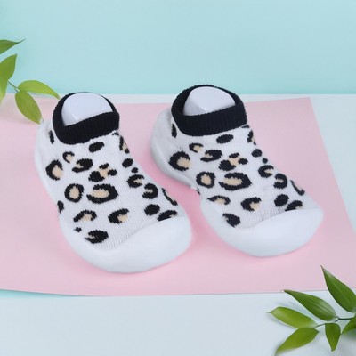 Baby Moo Leopard Print Rubber Comfortable Sole Slip-On Sock Shoes - White Booties(Toe to Heel Length - 12 cm, White)