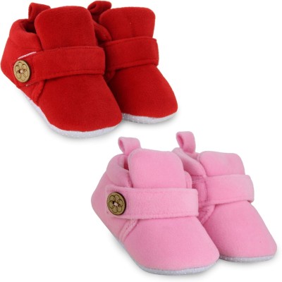 Neska Moda Set Of 2 Pair Baby Boys & Baby Girls 6 To 12 Months Velvet Velcro Booties(Toe to Heel Length - 12 cm, Red, Baby Pink)