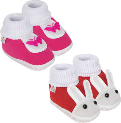 Neska Moda 0 To 6 Months Set of 2 Pair Newborn Baby Unisex Soft Skin-Friendly Cotton Rabbit Booties(Toe to Heel Length - 10 cm, Red, Rani)