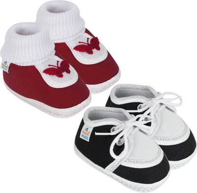 Neska Moda 12 To 18 Month Non Slip Toddler Baby Unisex Set Of 2 Pair Cotton Butterfly Frill Booties(Toe to Heel Length - 13 cm, Maroon, Black, White)