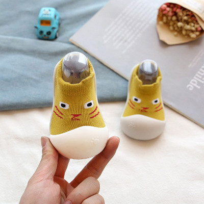 Baby Moo Curious Cat Face Rubber Comfortable Sole Slip-On Sock Shoes - Mustard Booties(Toe to Heel Length - 15 cm, Mustard)