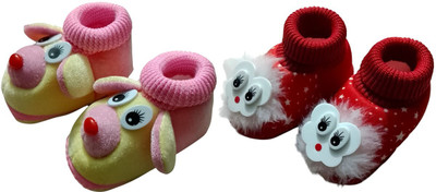 Trecify 0 To 12 Months Baby Boys & Baby Girls Soft Velvet Cute Booties(Toe to Heel Length - 12 cm, Yellow, Pink, Red)