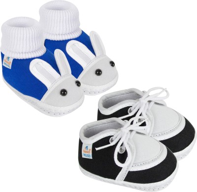 Neska Moda 3 To 12 Month 2 Pair Newborn Unisex Baby Skin Friendly Soft Cotton Lace Shoe Booties(Toe to Heel Length - 12 cm, Black, Blue,White)