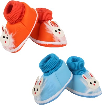 FITKNOT Baby Booties/Baby Mittens/Elegent Baby Sandals/Newborn Baby Shoes for Boys&Girls Booties(Toe to Heel Length - 11 cm, ORANGE, LIGHT BLUE)