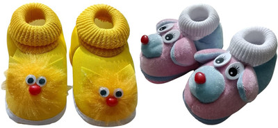 Trecify 0 To 12 Months Baby Boys & Baby Girls Soft Velvet Cute Booties(Toe to Heel Length - 12 cm, Yellow, Pink, Blue)