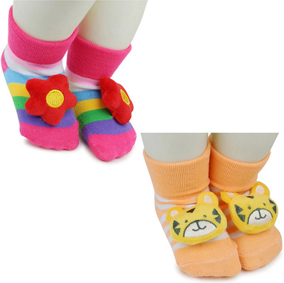 Neska Moda 3 To 12 Months Baby Set Of 2 Pair Cotton Anti Slip Face Ankle Socks/ Booties(Toe to Heel Length - 12 cm, Pink, Red, Orange, Yellow)