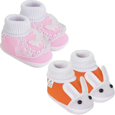 Neska Moda 0 To 6 Month Baby Girls 2 Pair Set Butterfly Newborn Soft Skin-Friendly Cotton Booties(Toe to Heel Length - 10 cm, Baby Pink, Orange)