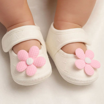 Neska Moda 6 to 12 Months Baby Girls Flower Applique Soft Cotton Velcro Belly Sandal Booties(Toe to Heel Length - 12 cm, White, Pink)