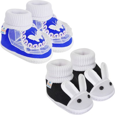 Neska Moda 0 To 6 Months Set of 2 Pair Newborn Baby Unisex Soft Skin-Friendly Cotton Rabbit Booties(Toe to Heel Length - 10 cm, Black, Blue)