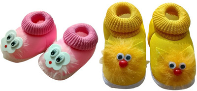 Trecify 0 To 12 Months Baby Boys & Baby Girls Soft Velvet Cute Booties(Toe to Heel Length - 12 cm, Yellow, Pink)