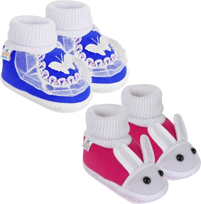 Neska Moda 12 To 18 Month NonSlip Set of 2 Pair Toddler Baby Unisex Soft Cotton Rabbit Face Booties(Toe to Heel Length - 13 cm, Rani, Blue)