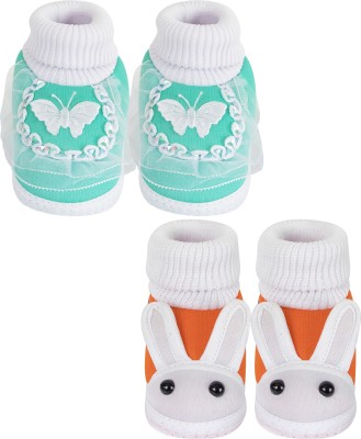 Neska Moda 12 To 18 Months NonSlip Set of 2 Pair Toddler Baby Unisex Cotton Rabbit Face Booties(Toe to Heel Length - 13 cm, Orange, Mint)