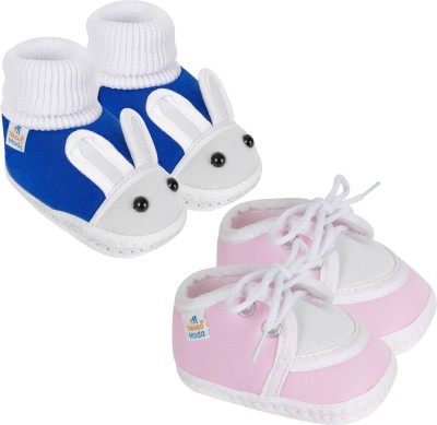 Neska Moda 3 To 12 Month 2 Pair Newborn Unisex Baby Skin Friendly Soft Cotton Lace Shoe Booties(Toe to Heel Length - 12 cm, Baby Pink, Blue, White)